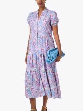 Sail to Sable Kaleidoscope Paisley Tiered Midi Dress in Pink and Blue EUC Sz Med